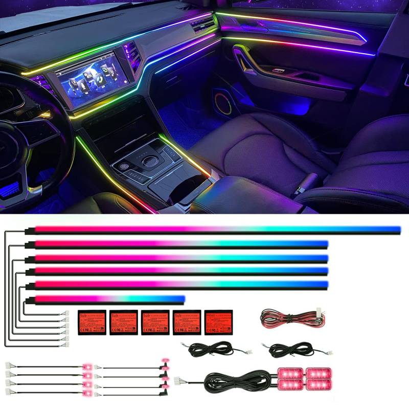 Auto Innenraumbeleuchtung, 18 in 1 HMYC 128 Bunte LED Acryl Faseroptikstreifen,universelle Dekorationsatmosphäre mit Musiksynchronisationsrhythmus,APP-Steuerung, RGB-Neonbeleuchtung für alle Autos von HMYC