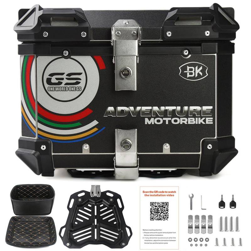 HNBYLMM Motorrad Topcase, Wasserdichtes Motorrad-Topcase,Bietet Perfekt Platz für Einen Helm, Universeller Aluminium-Motorradkoffer mit Sicherheitsschloss und Herausnehmbarem Innenfutter,Black-45L von HNBYLMM