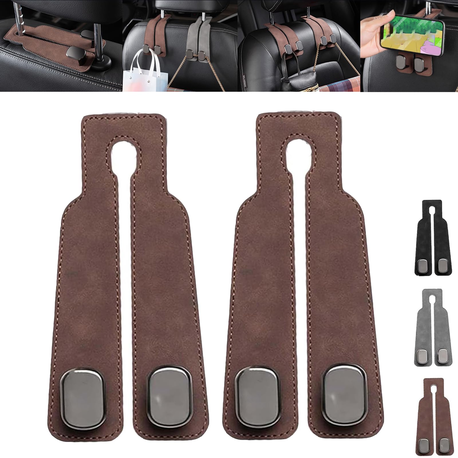 Tekiep Aufbewahrungshaken für Autositzlehne, Autositzhaken für Kopfstütze, Aufbewahrungshaken für Autositzlehne – Doppelhakenhalter Zur Praktischen Aufbewahrung (2pcs,Brown) von HNTKGME