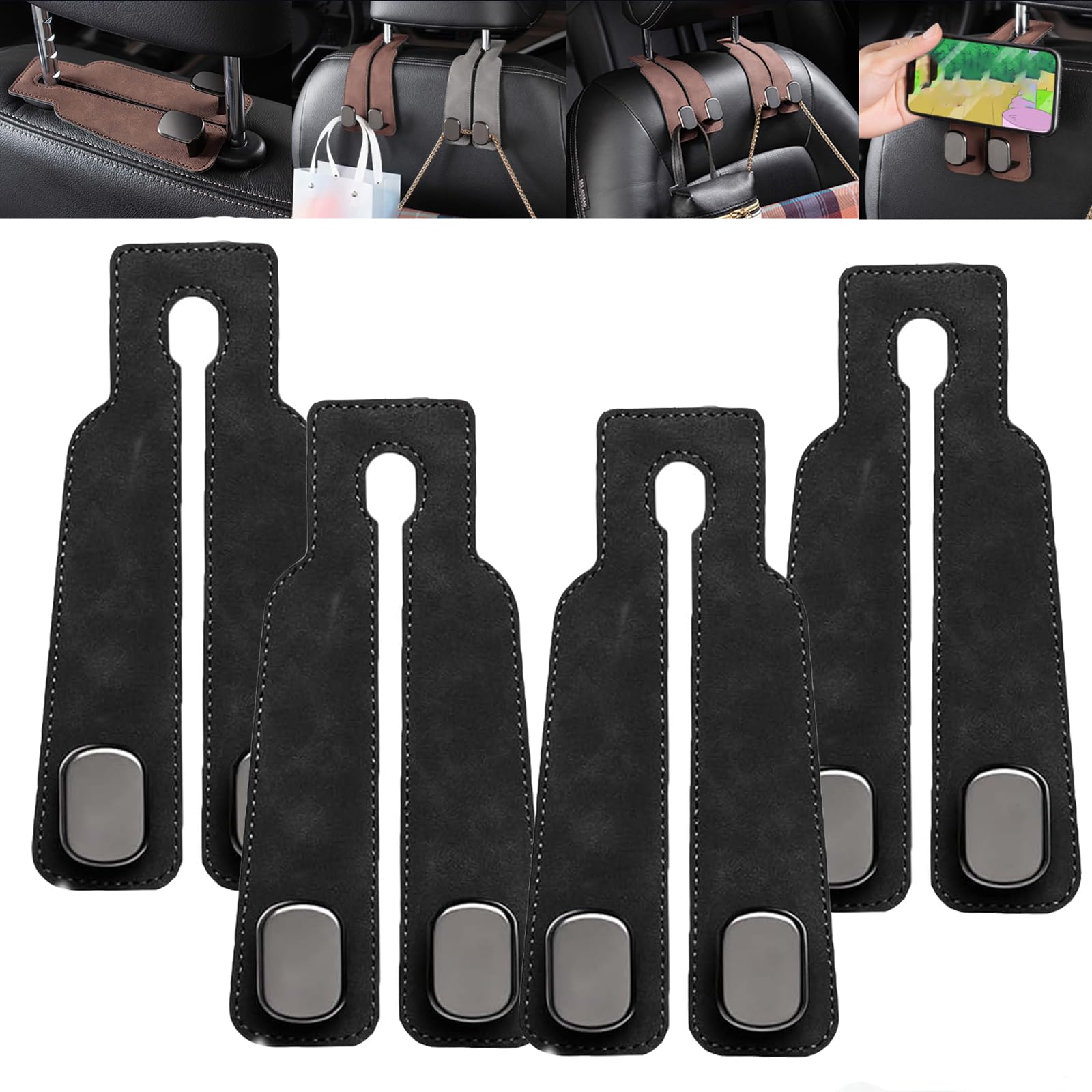 Tekiep Aufbewahrungshaken für Autositzlehne, Autositzhaken für Kopfstütze, Aufbewahrungshaken für Autositzlehne – Doppelhakenhalter Zur Praktischen Aufbewahrung (4pcs,Black) von HNTKGME