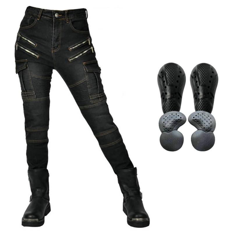 HOMDECR Damen Slim Fit Motorrad Jeans Mit Protektoren Knie Und Hüftprotektoren Stretch Slim Fit Denim Motorradhose Cargo Motorradjeans Schutzhose Biker Pants (Schwarz,4XL) von HOMDECR