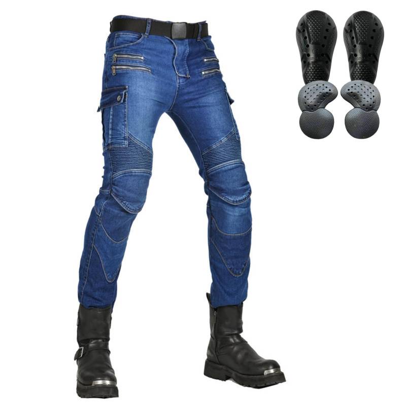 HOMDECR Herren/Damen Slim Fit Motorrad Jeans Mit Protektoren Knie Und Hüftprotektoren Stretch Slim Fit Denim Motorradhose Cargo Motorradjeans Schutzhose Biker Pants (Blau,3XL) von HOMDECR