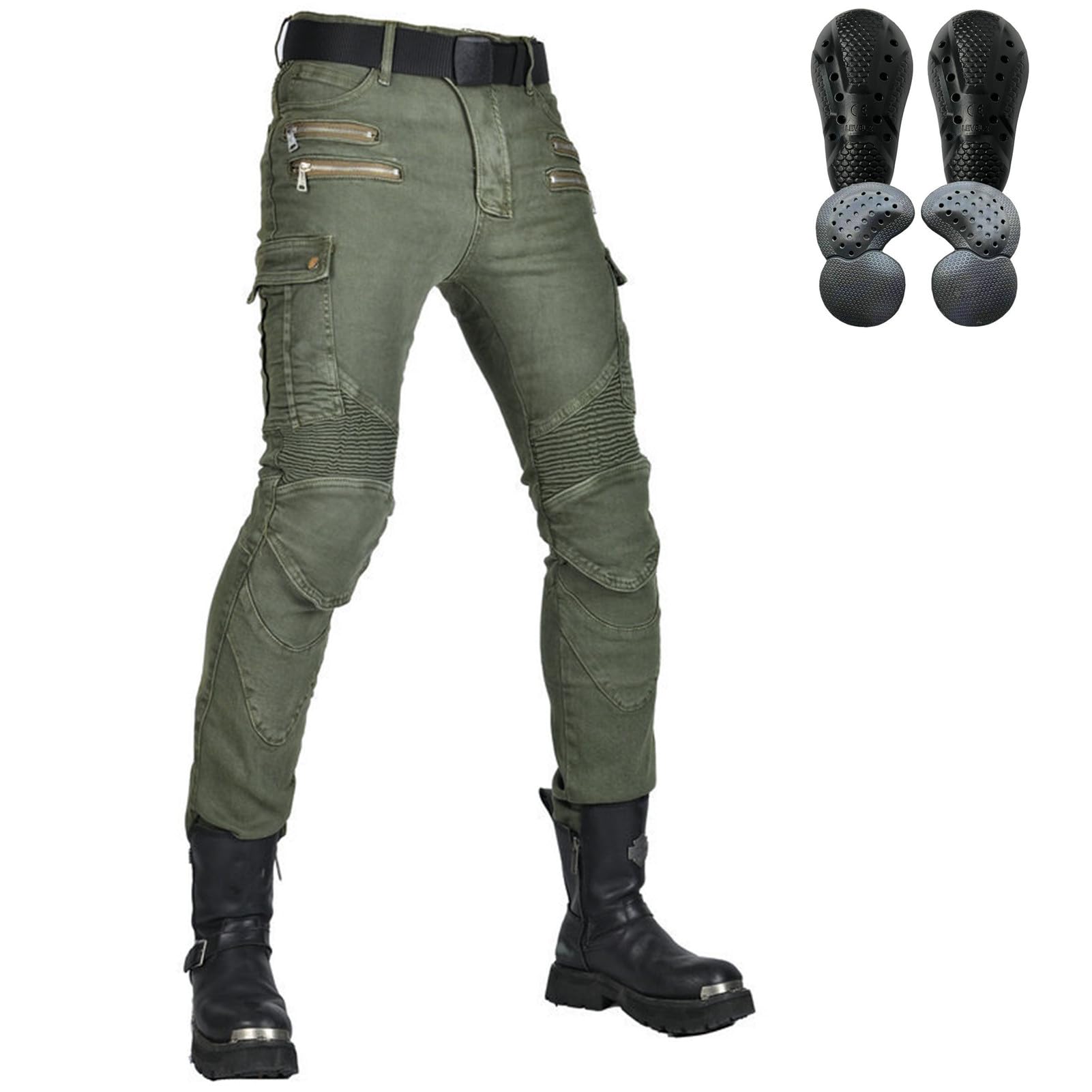 HOMDECR Herren/Damen Slim Fit Motorrad Jeans Mit Protektoren Knie Und Hüftprotektoren Stretch Slim Fit Denim Motorradhose Cargo Motorradjeans Schutzhose Biker Pants (Grün,L) von HOMDECR