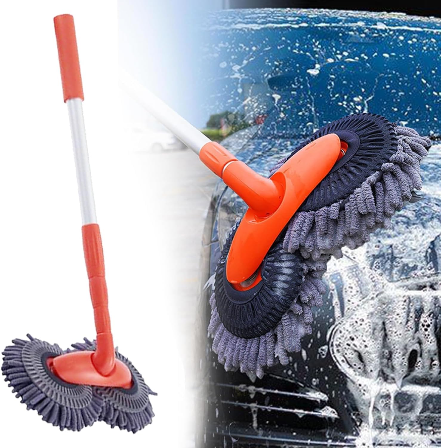 Rotating Car Mop, 25/29 cm Car Wash Mop with Long Handle, Double Head Windshield Cleaner Caravan Accessories for Car Washing/Mopping/Glass Cleaning (25 CM) von HOME'S FRIEND