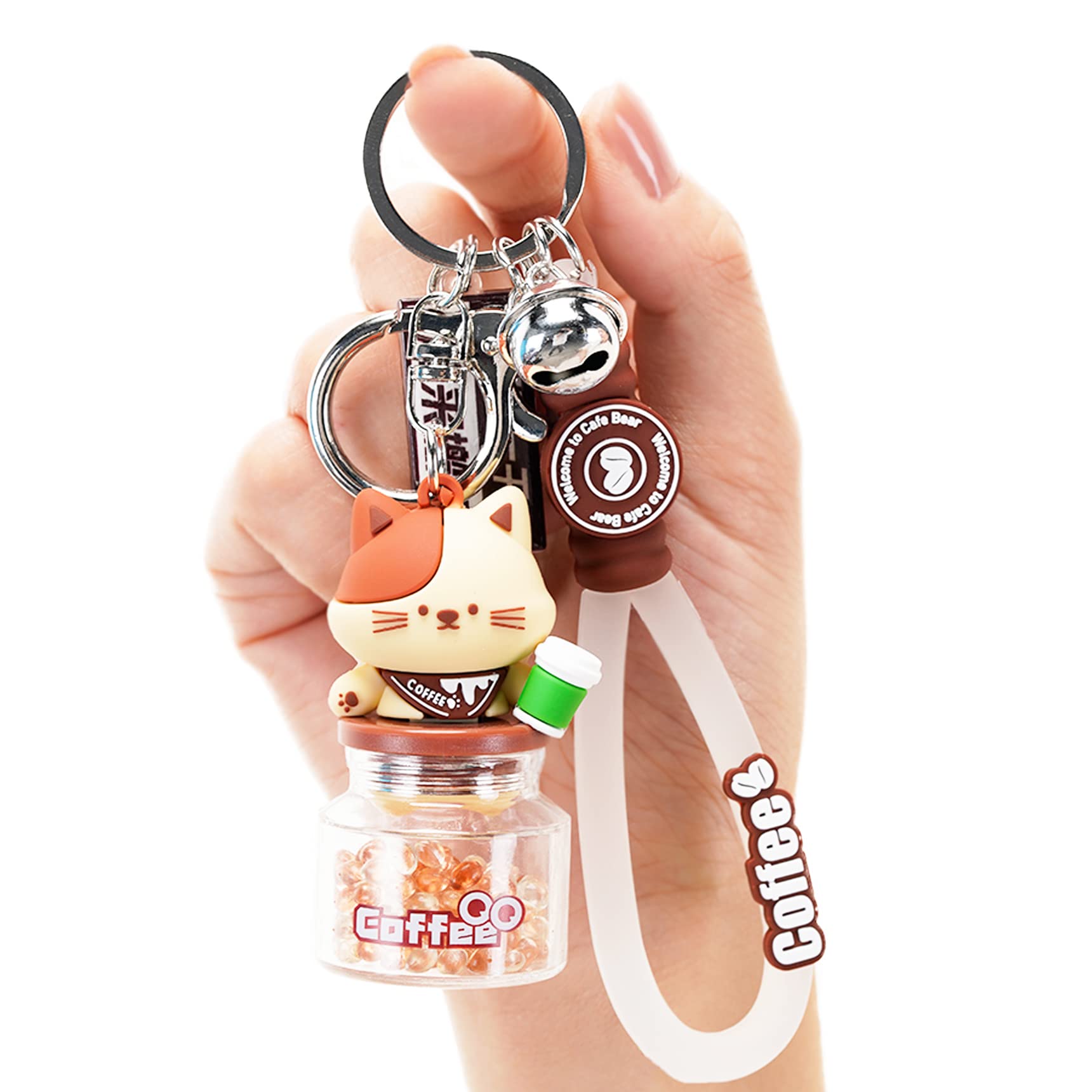 HONYJOOM Niedlicher Schlüsselanhänger Kawaii Boba Flüssiger Schlüsselanhänger Bär Autoschlüssel Katze Rucksack Charm für Frauen Männer Mädchen Junge Kind Teenager Tochter, G-Kaffee Creme Aroma (Katze) von HONYJOOM