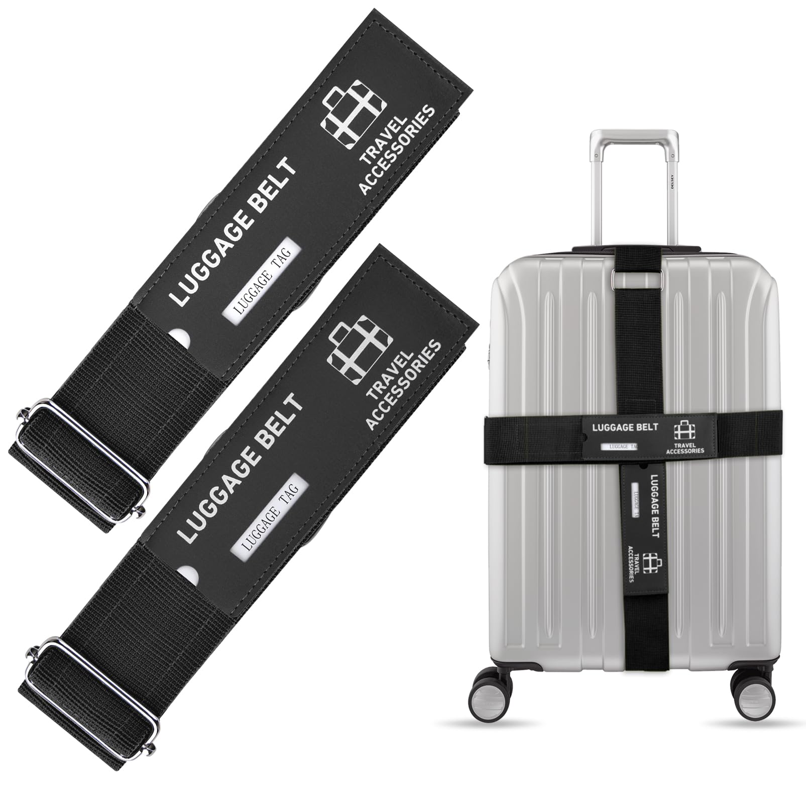 HONZUEN 2 St Koffergurt 1,8m&2,2m Lang Kofferband Gurt Einstellbare Kofferbänder Luggage Strap mit Metallschnalle für Koffersicherungsgürtel Auffällige Gepäckgurt Adressschild Namensschild (Schwarz) von HONZUEN