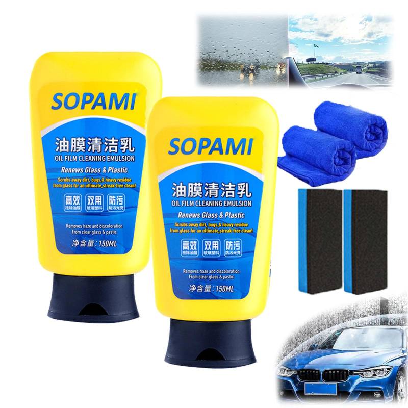 Sopami Oil Film Cleaning Emulsion, Sopami Oil Film Emulsion Glass Cleaner, Car Glass Oil Film Cleaner, Glass Oil Film Remover, Auto Glass Oil Film Cleaning Milk (2PCS) von HOPASRISEE