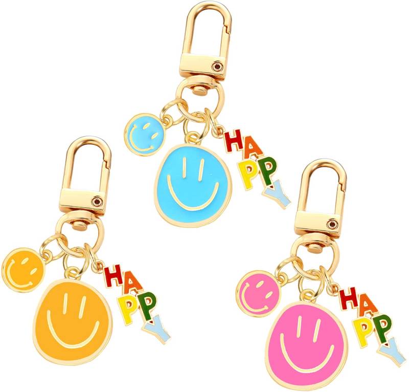 HOSBY 3 Stück Smile Expression Schlüsselanhänger für Frauen Tasche Charms Schlüsselanhänger Autoschlüssel Anhänger für Geldbörse Handtasche Tasche Dekoration, 3 Stück glücklich/blau & gelb & rot, von HOSBY