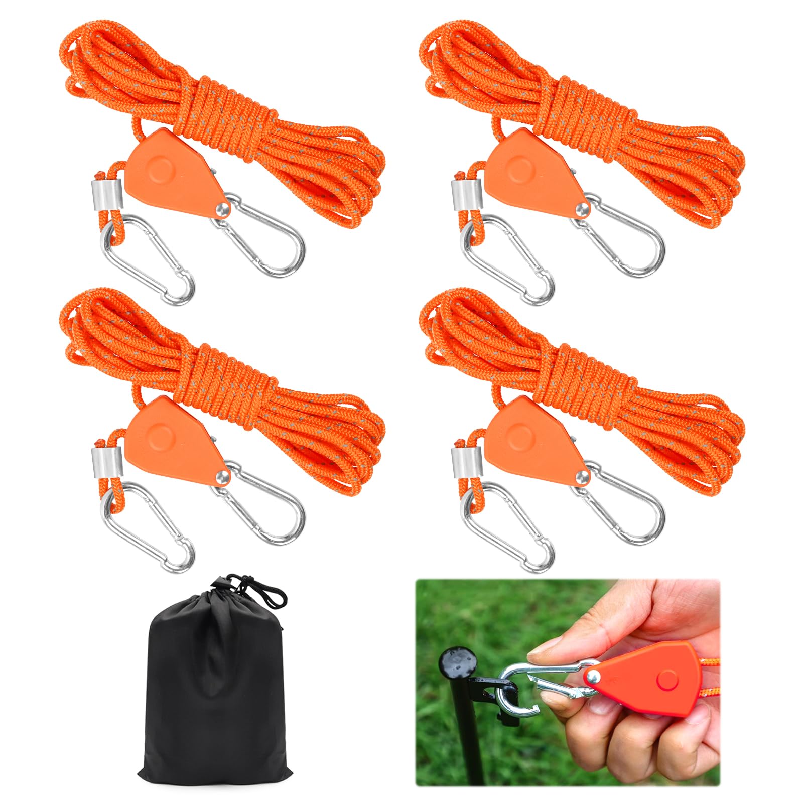 HOSSOM 4 Stück Abspannseile Camping, 4m Reflektierend Abspannseile mit Seilspanner, 4 mm Windfestes Seil, Einstellbare Nylon Schnurspanner Camping Schnur Sturmband für Sonnensegel Wäscheleine von HOSSOM