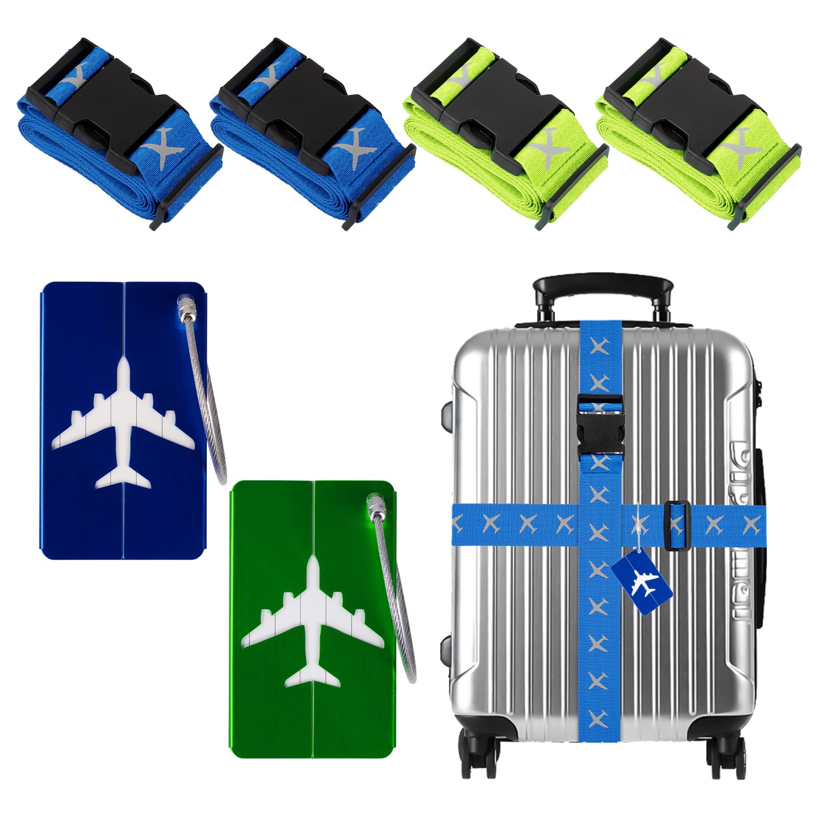 Koffergurt Kofferband Gurt Gepäckgurt Einstellbare Kofferband 4 Stück Gepäckband mit 2 Stück Kofferanhänger Koffer Kofferband Gepäckband Sicher Reisen mit reflektierendem (Blau+Grün) von HOSSOM