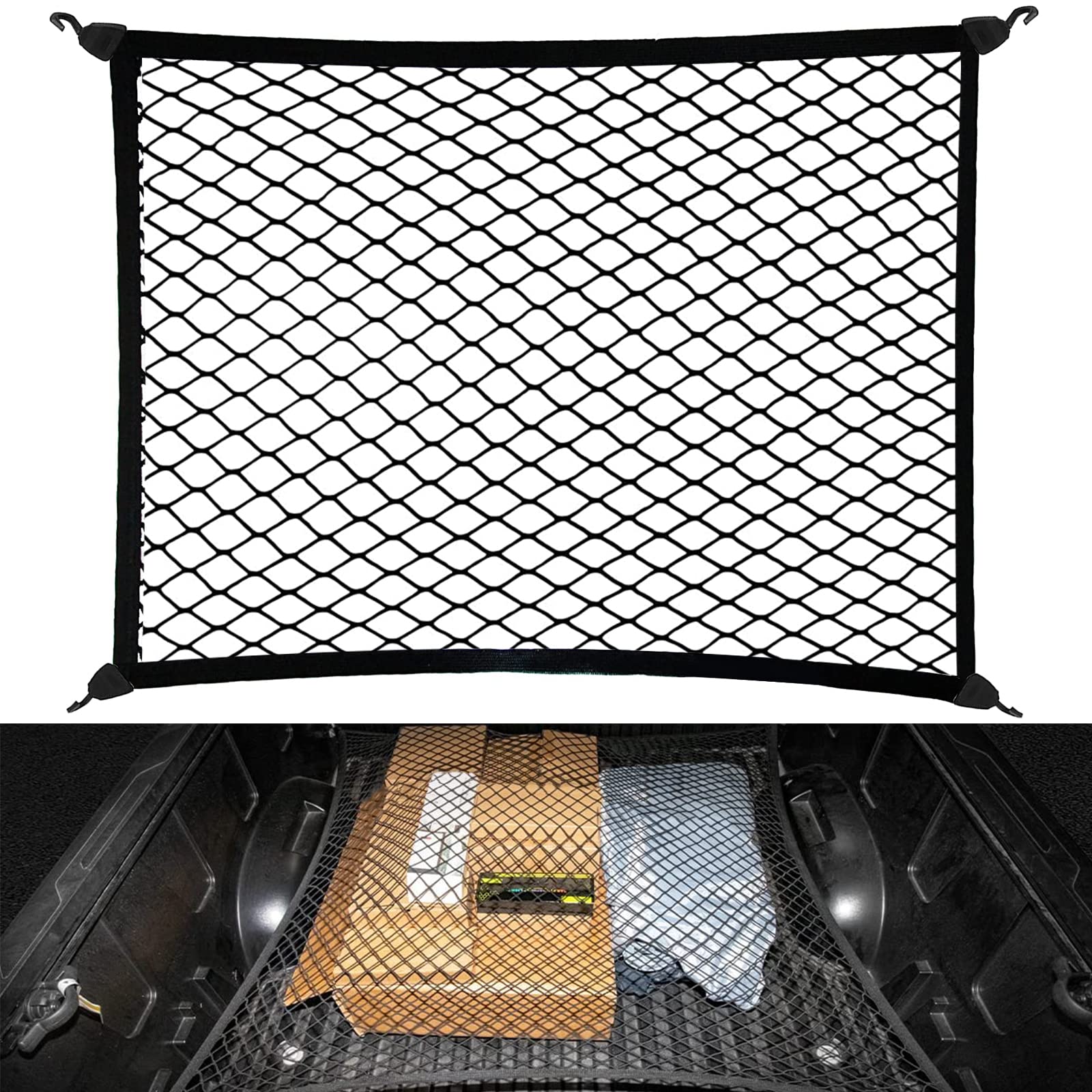 HOVIN Kofferraumnetz Gepäcknetz Auto Netz 80x60cm Kofferraum Netz Erstreckt Sich auf 160x120cm Gepäcknetz Auto, mit 4 Haken, Elastisch Kofferraum Netz von HOVIN