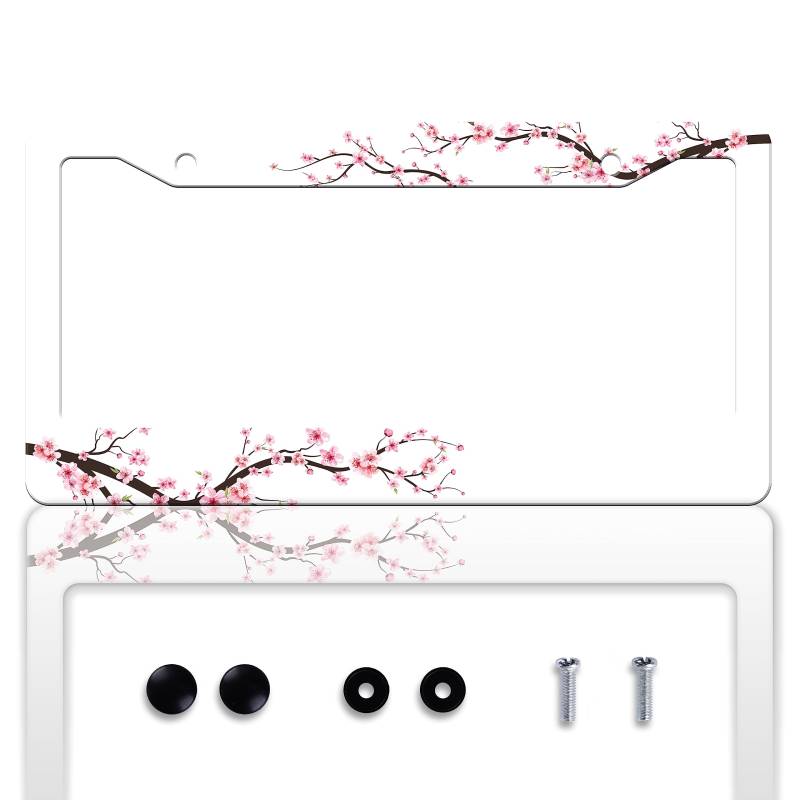 Kirschblüte Kennzeichenrahmen Schöne Blumen Kennzeichenrahmen Personalisieren Edelstahl Lustiges Design Kompatibel mit Standard Kennzeichenhalter für USA und Kanada von HOWKWAWY