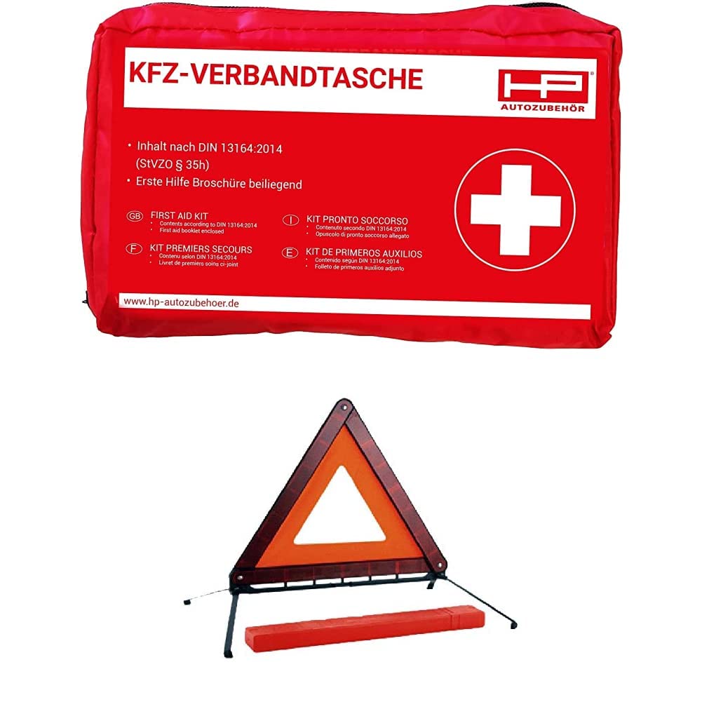 HP Autozubehör 10039 KFZ-Verbandtasche in Rot-Mindesthaltbarkeit Minimum 4 Jahre, Red + 10132 Warndreick Mini 430x55x34mm Metallfüße von HP Autozubehör