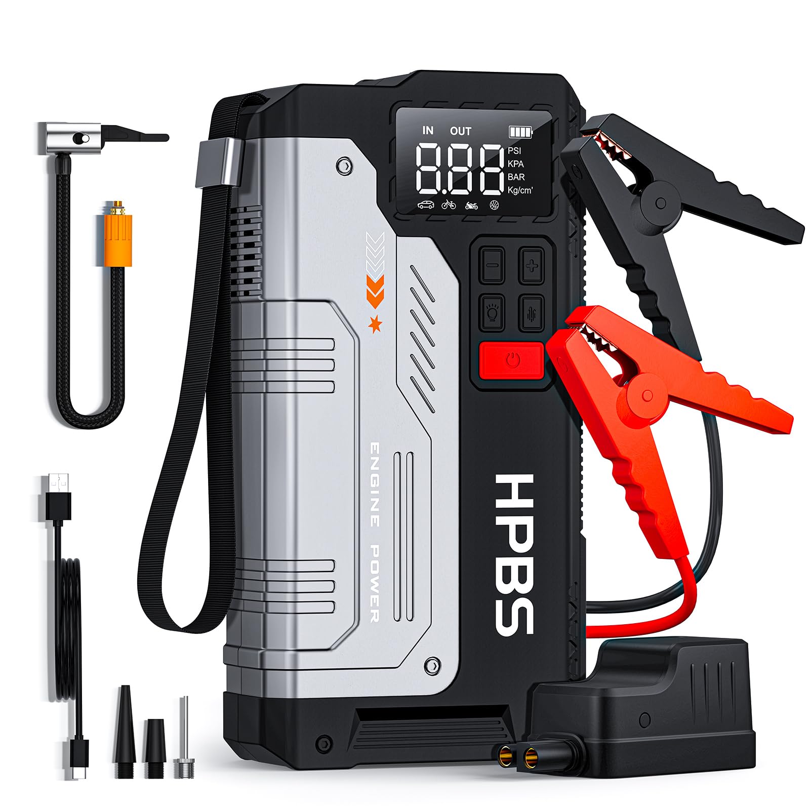 HPBS 2500A Starthilfe Powerbank mit Luftkompressor, Autobatterie Booster Starthilfe (bis zu 8L Benzin und 6,5L Dieselmotor) für 12V Fahrzeuge, Starthilfe mit 150 PSI Reifenfüller von HPBS