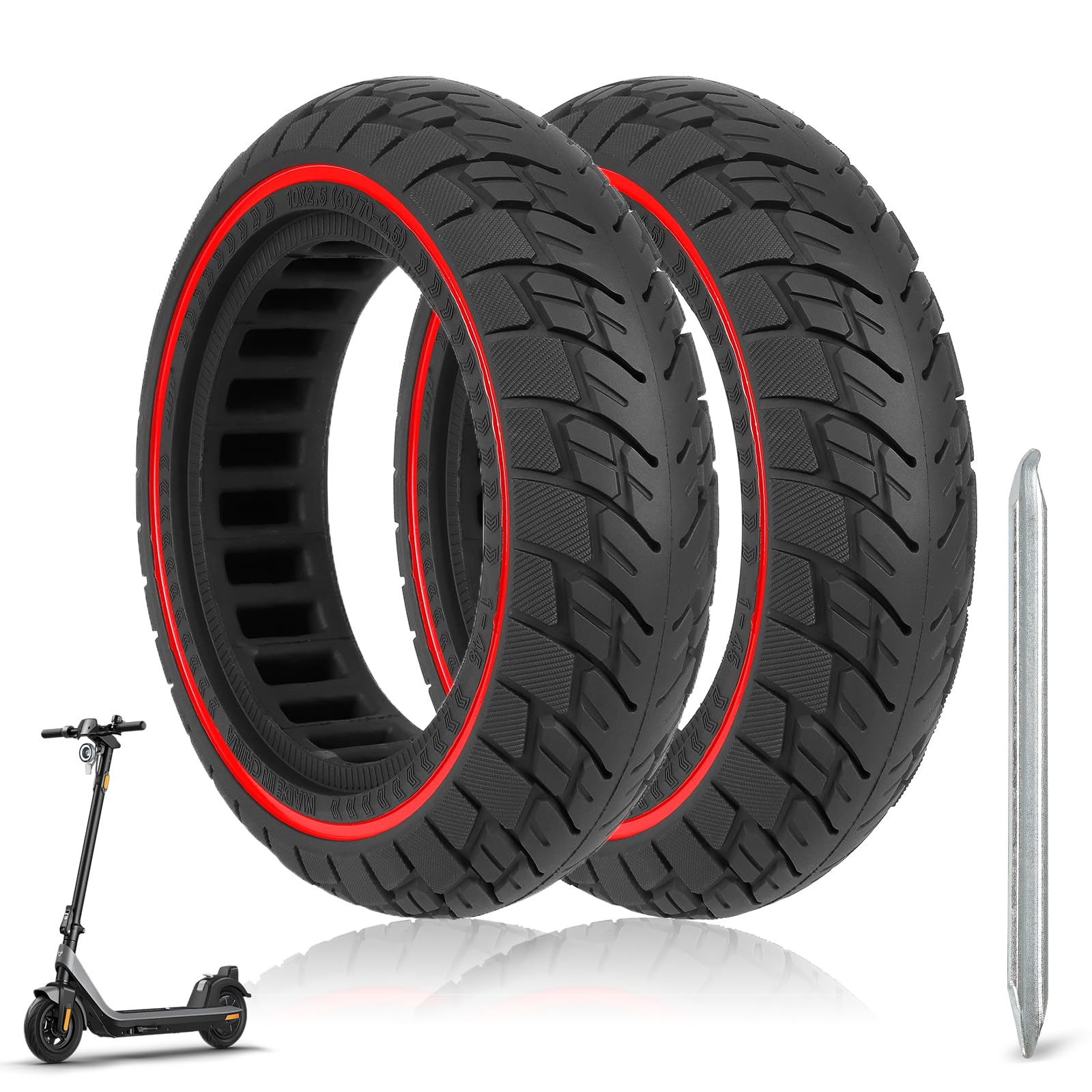 HPGAAVD 10×2.5 Zoll E Scooter Solid Reifen，60/70-6.5 Vollgummireifen E Scooter für Ninebot Max G30 G30P G30LP，10 Zoll Anti-Rutsch und Anti-Punktur Ersatzreifen für E Scooter Reifen（Red Line 2Pcs） von HPGAAVD