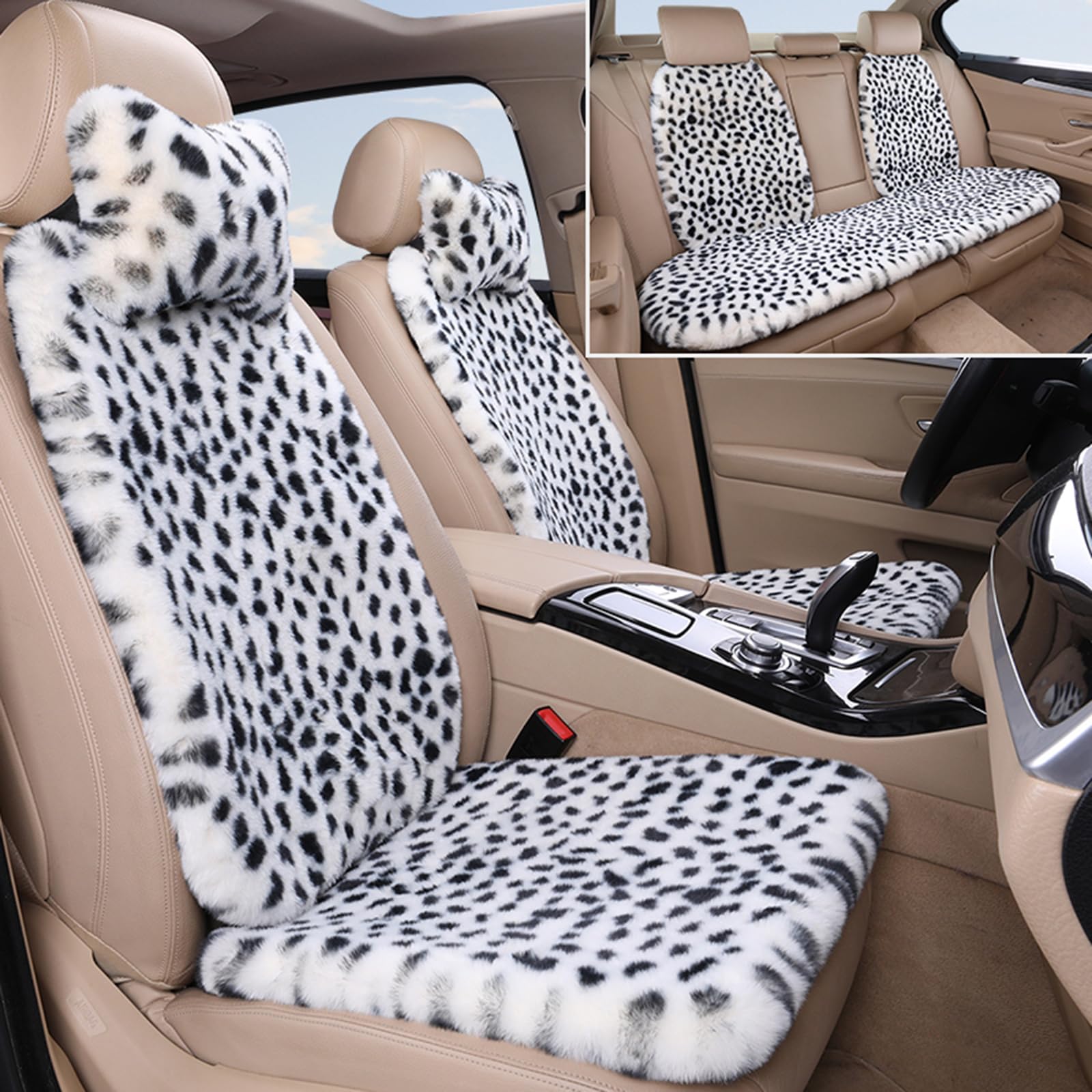 HPLWYM Plüsch Leopard Universal Autositzbezüge, Universal 9PC Weich Flauschig Auto Sitzbezüge mit Nackenkissen, Autositzschoner Accessoires für Damen und Herren Auto SUV, Sitzauflage Auto Sitzauflagen von HPLWYM