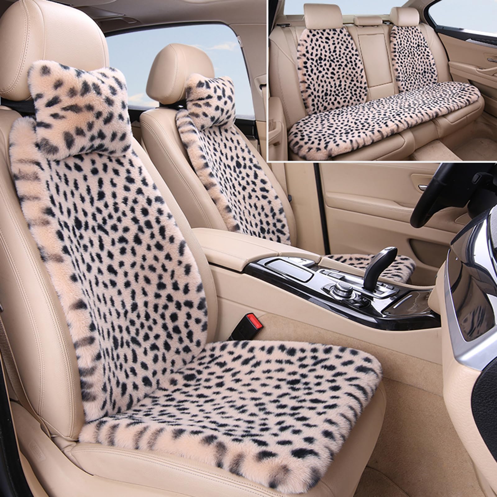 HPLWYM Plüsch Leopard Universal Autositzbezüge, Universal 9PC Weich Flauschig Auto Sitzbezüge mit Nackenkissen, Autositzschoner Accessoires für Damen und Herren Auto SUV, Sitzauflage Auto Sitzauflagen von HPLWYM