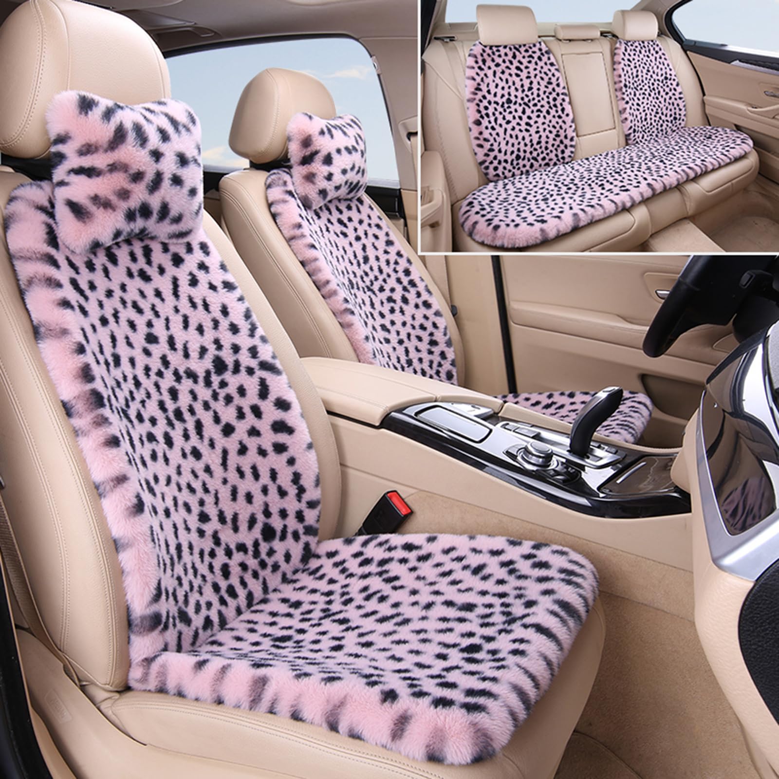 HPLWYM Plüsch Leopard Universal Autositzbezüge, Universal 9PC Weich Flauschig Auto Sitzbezüge mit Nackenkissen, Autositzschoner Accessoires für Damen und Herren Auto SUV, Sitzauflage Auto Sitzauflagen von HPLWYM