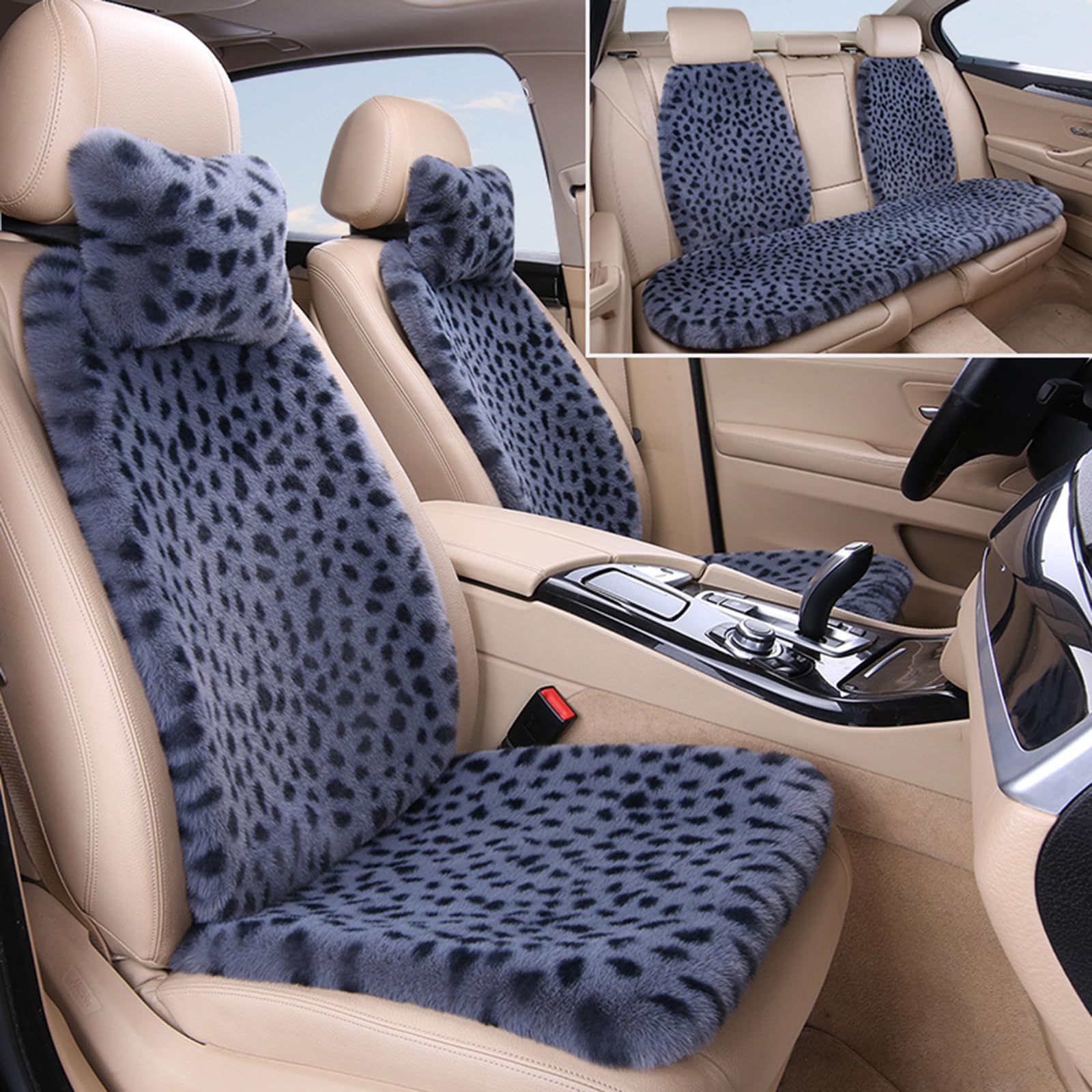 HPLWYM Plüsch Leopard Universal Autositzbezüge, Universal 9PC Weich Flauschig Auto Sitzbezüge mit Nackenkissen, Autositzschoner Accessoires für Damen und Herren Auto SUV, Sitzauflage Auto Sitzauflagen von HPLWYM