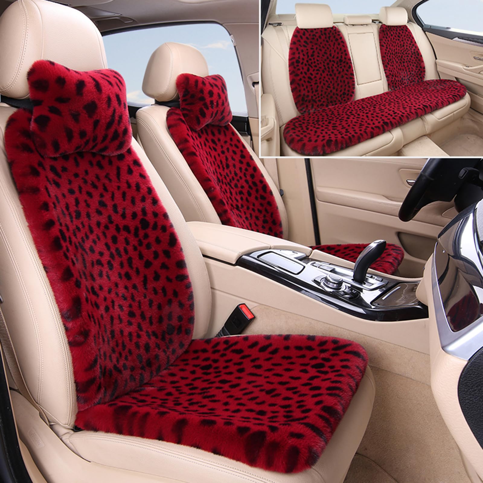 HPLWYM Plüsch Leopard Universal Autositzbezüge, Universal 9PC Weich Flauschig Auto Sitzbezüge mit Nackenkissen, Autositzschoner Accessoires für Damen und Herren Auto SUV, Sitzauflage Auto Sitzauflagen von HPLWYM