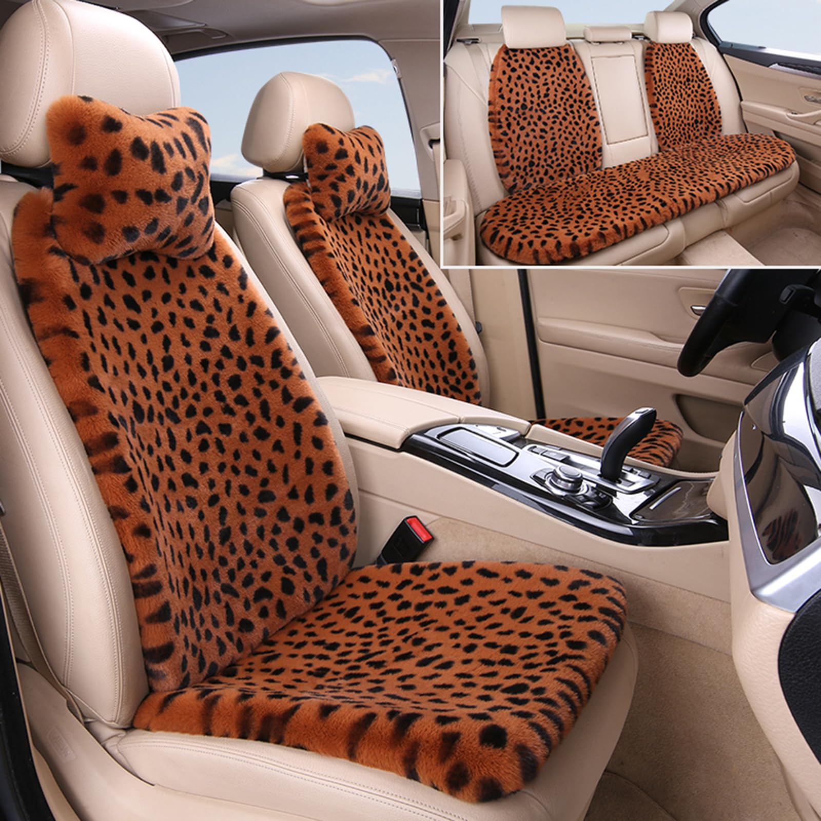 HPLWYM Plüsch Leopard Universal Autositzbezüge, Universal 9PC Weich Flauschig Auto Sitzbezüge mit Nackenkissen, Autositzschoner Accessoires für Damen und Herren Auto SUV, Sitzauflage Auto Sitzauflagen von HPLWYM