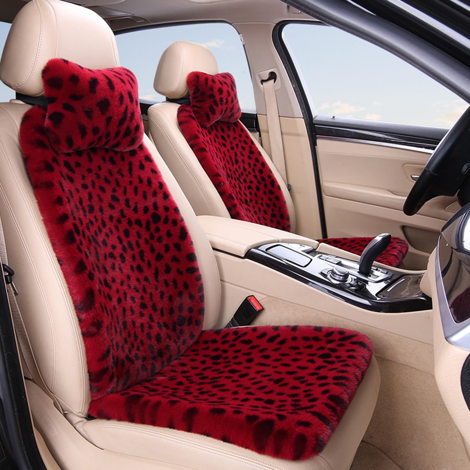 HPLWYM Plüsch Leopard Universal Autositzbezüge Vordersitze, Universal 6PC Auto Sitzbezüge mit Nackenkissen, Autositzschoner Accessoires für Damen und Herren Auto SUV, Sitzauflage Auto Sitzauflagen von HPLWYM