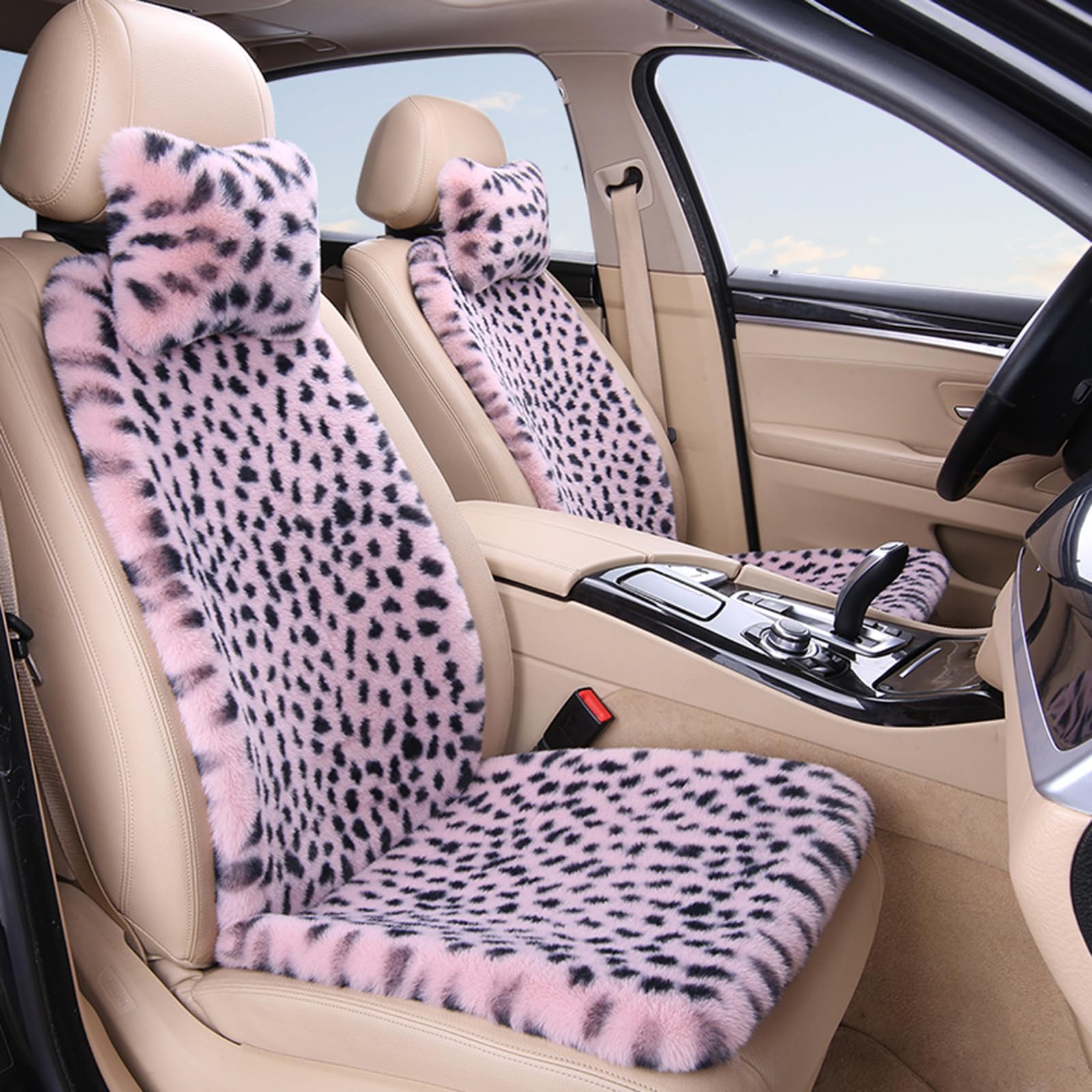 HPLWYM Plüsch Leopard Universal Autositzbezüge Vordersitze, Universal 6PC Auto Sitzbezüge mit Nackenkissen, Autositzschoner Accessoires für Damen und Herren Auto SUV, Sitzauflage Auto Sitzauflagen von HPLWYM