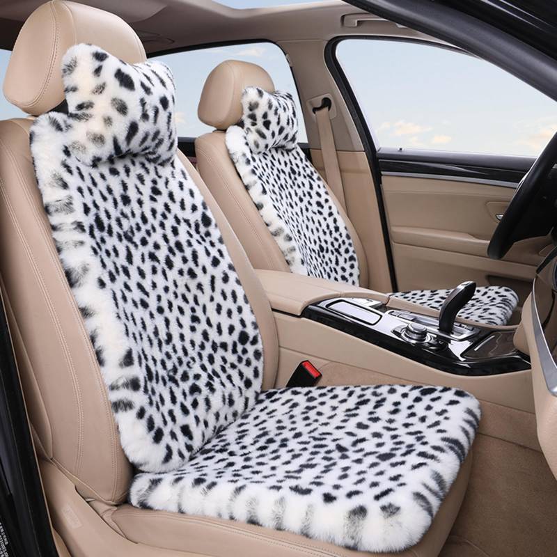 HPLWYM Plüsch Leopard Universal Autositzbezüge Vordersitze, Universal 6PC Auto Sitzbezüge mit Nackenkissen, Autositzschoner Accessoires für Damen und Herren Auto SUV, Sitzauflage Auto Sitzauflagen von HPLWYM