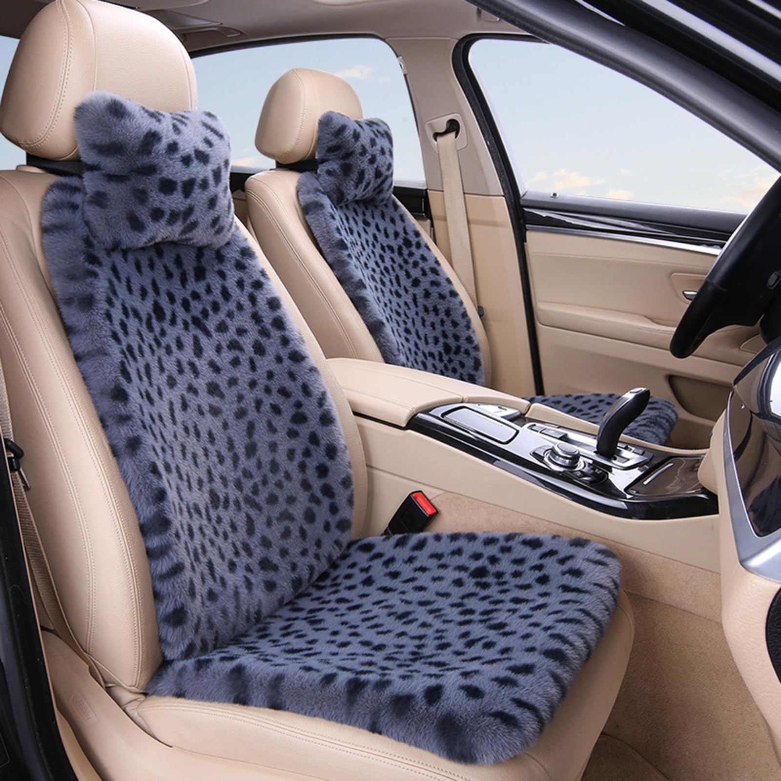 HPLWYM Plüsch Leopard Universal Autositzbezüge Vordersitze, Universal 6PC Auto Sitzbezüge mit Nackenkissen, Autositzschoner Accessoires für Damen und Herren Auto SUV, Sitzauflage Auto Sitzauflagen von HPLWYM