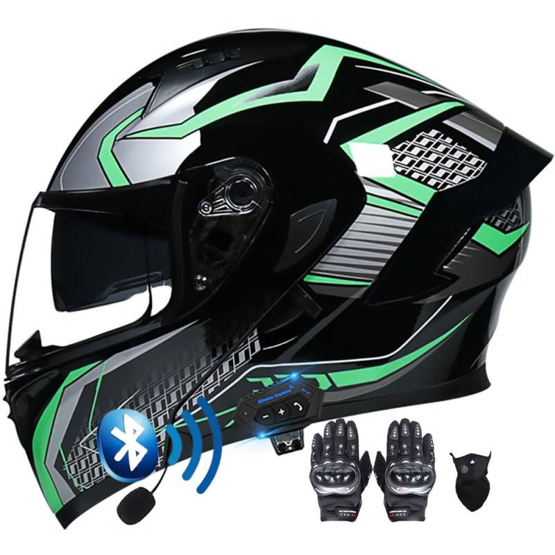 Modularer Hochklappbarer Bluetooth-Motorradhelm for Straßenmopeds Und Roller, Sturzhelm, DOT/ECE-geprüft, Doppelte Sonnenblende, Beschlagfreier Helm for Männer Und Frauen(A,L(57~58CM)) von HQSADOEEU