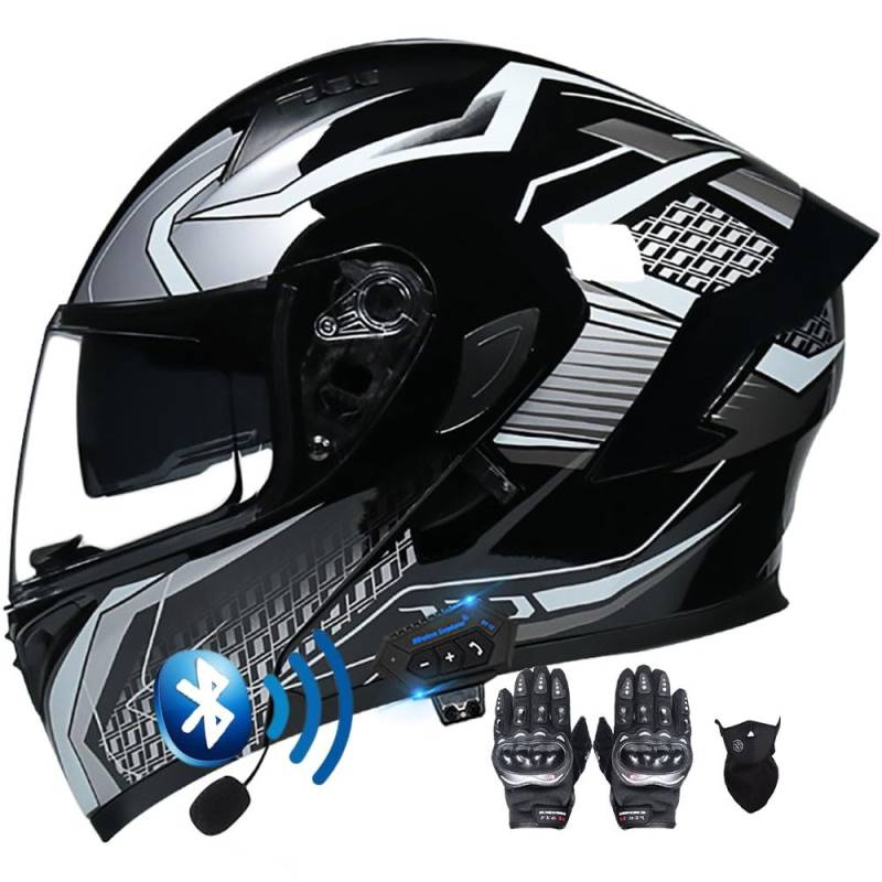 Modularer Hochklappbarer Bluetooth-Motorradhelm for Straßenmopeds Und Roller, Sturzhelm, DOT/ECE-geprüft, Doppelte Sonnenblende, Beschlagfreier Helm for Männer Und Frauen(B,L(57~58CM)) von HQSADOEEU