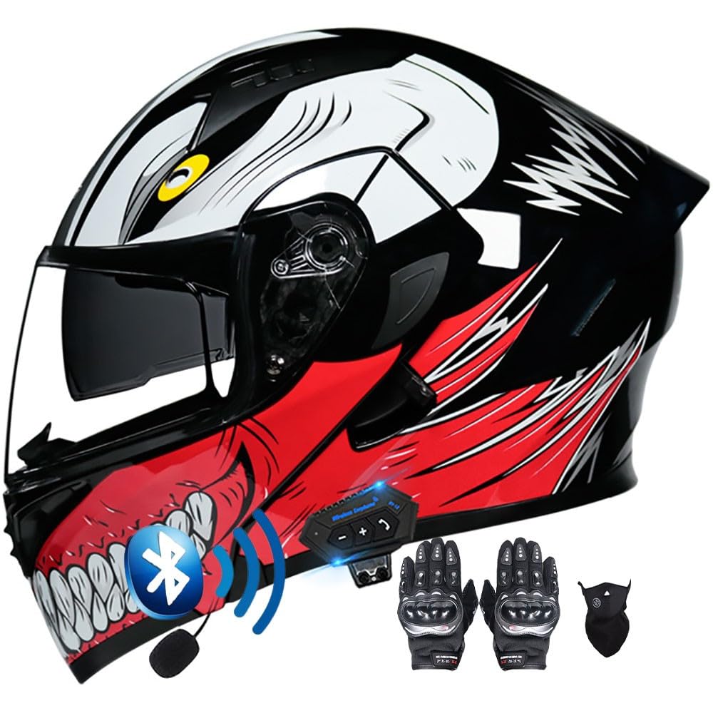 Modularer Hochklappbarer Bluetooth-Motorradhelm for Straßenmopeds Und Roller, Sturzhelm, DOT/ECE-geprüft, Doppelte Sonnenblende, Beschlagfreier Helm for Männer Und Frauen(C,L(57~58CM)) von HQSADOEEU