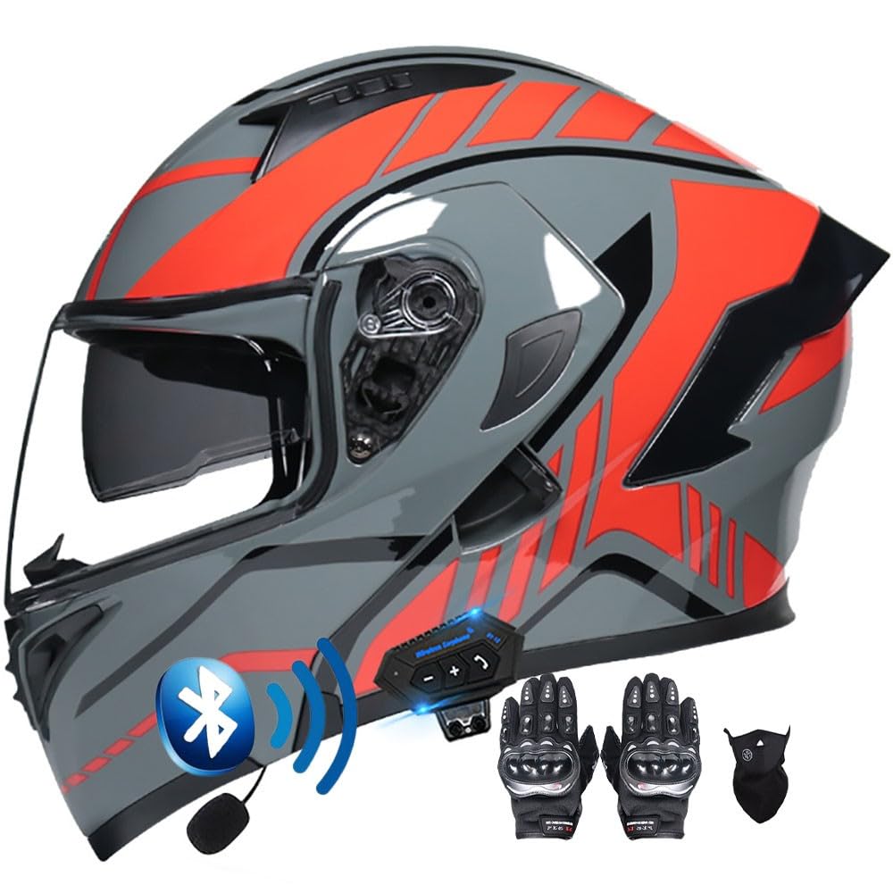 Modularer Hochklappbarer Bluetooth-Motorradhelm for Straßenmopeds Und Roller, Sturzhelm, DOT/ECE-geprüft, Doppelte Sonnenblende, Beschlagfreier Helm for Männer Und Frauen(D,XL(59~60CM)) von HQSADOEEU