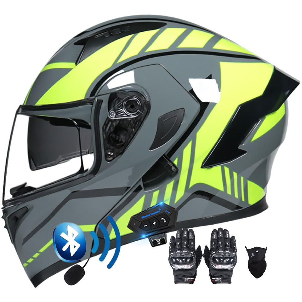 Modularer Hochklappbarer Bluetooth-Motorradhelm for Straßenmopeds Und Roller, Sturzhelm, DOT/ECE-geprüft, Doppelte Sonnenblende, Beschlagfreier Helm for Männer Und Frauen(E,XL(59~60CM)) von HQSADOEEU