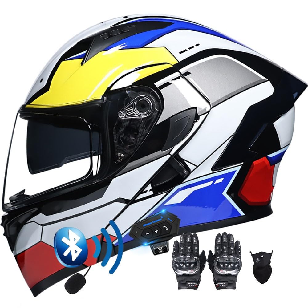 Modularer Hochklappbarer Bluetooth-Motorradhelm for Straßenmopeds Und Roller, Sturzhelm, DOT/ECE-geprüft, Doppelte Sonnenblende, Beschlagfreier Helm for Männer Und Frauen(F,XXL(61~62CM)) von HQSADOEEU