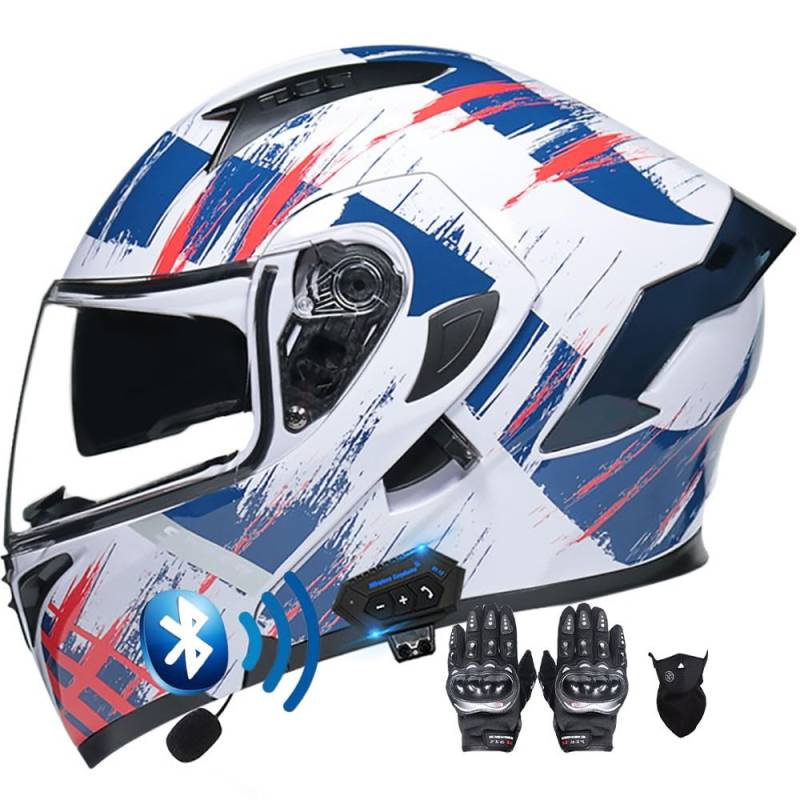 Modularer Hochklappbarer Bluetooth-Motorradhelm for Straßenmopeds Und Roller, Sturzhelm, DOT/ECE-geprüft, Doppelte Sonnenblende, Beschlagfreier Helm for Männer Und Frauen(G,L(57~58CM)) von HQSADOEEU