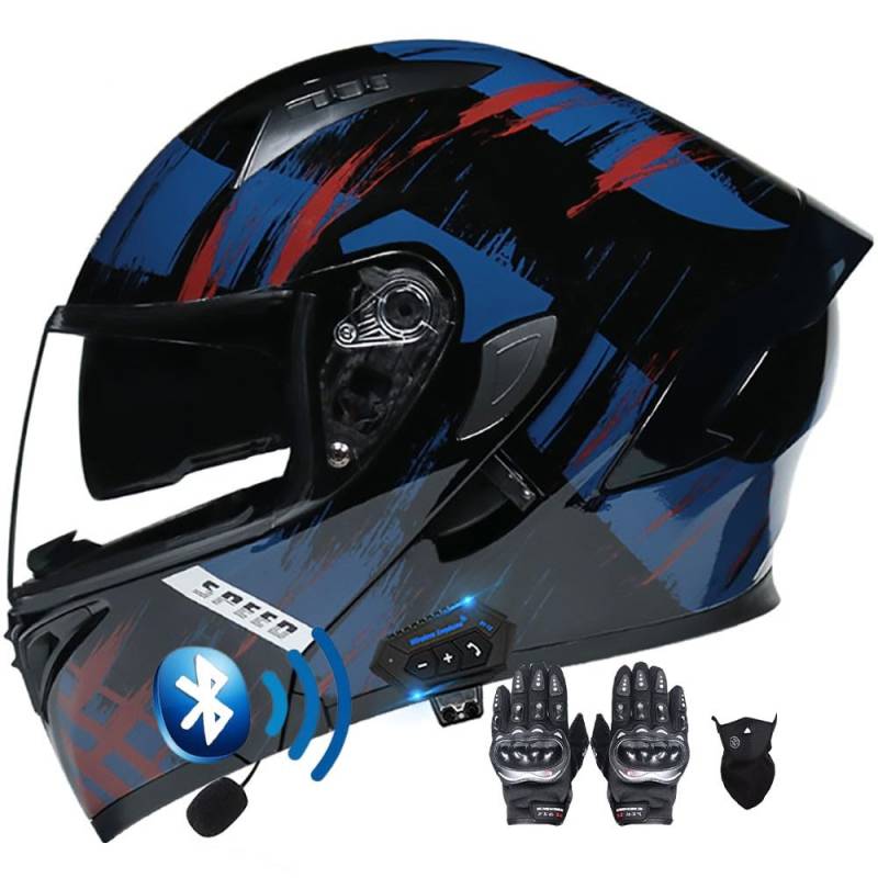 Modularer Hochklappbarer Bluetooth-Motorradhelm for Straßenmopeds Und Roller, Sturzhelm, DOT/ECE-geprüft, Doppelte Sonnenblende, Beschlagfreier Helm for Männer Und Frauen(I,L(57~58CM)) von HQSADOEEU