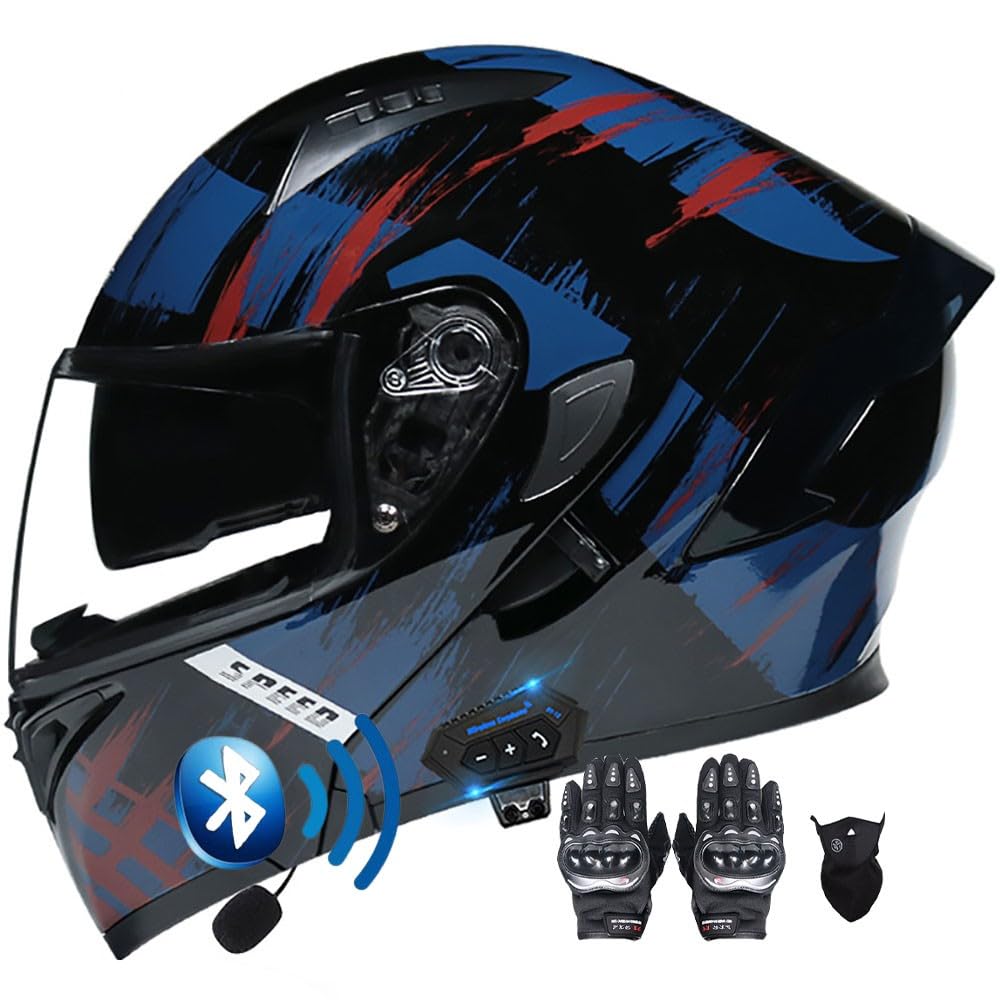 Modularer Hochklappbarer Bluetooth-Motorradhelm for Straßenmopeds Und Roller, Sturzhelm, DOT/ECE-geprüft, Doppelte Sonnenblende, Beschlagfreier Helm for Männer Und Frauen(I,M(55~56CM)) von HQSADOEEU