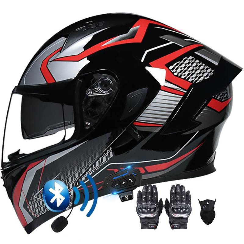 Modularer Hochklappbarer Bluetooth-Motorradhelm for Straßenmopeds Und Roller, Sturzhelm, DOT/ECE-geprüft, Doppelte Sonnenblende, Beschlagfreier Helm for Männer Und Frauen(K,L(57~58CM)) von HQSADOEEU