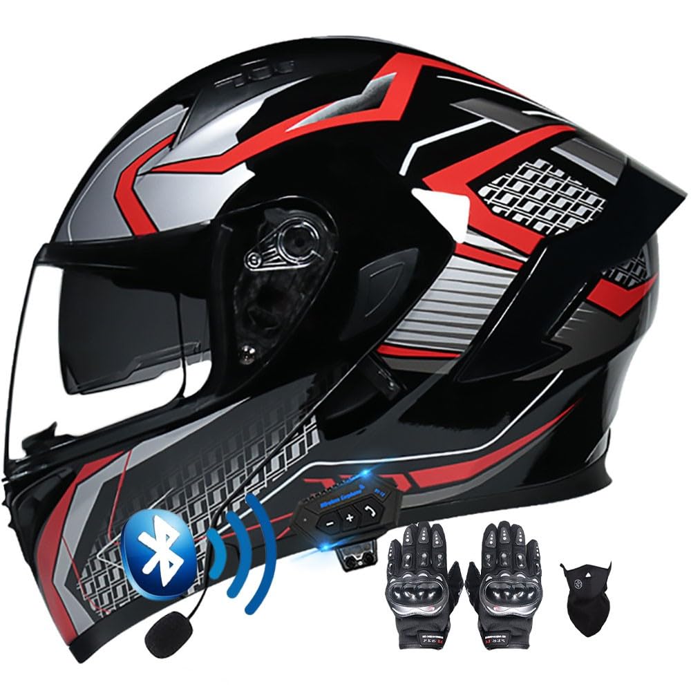 Modularer Hochklappbarer Bluetooth-Motorradhelm for Straßenmopeds Und Roller, Sturzhelm, DOT/ECE-geprüft, Doppelte Sonnenblende, Beschlagfreier Helm for Männer Und Frauen(K,M(55~56CM)) von HQSADOEEU