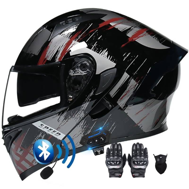 Modularer Hochklappbarer Bluetooth-Motorradhelm for Straßenmopeds Und Roller, Sturzhelm, DOT/ECE-geprüft, Doppelte Sonnenblende, Beschlagfreier Helm for Männer Und Frauen(L,M(55~56CM)) von HQSADOEEU