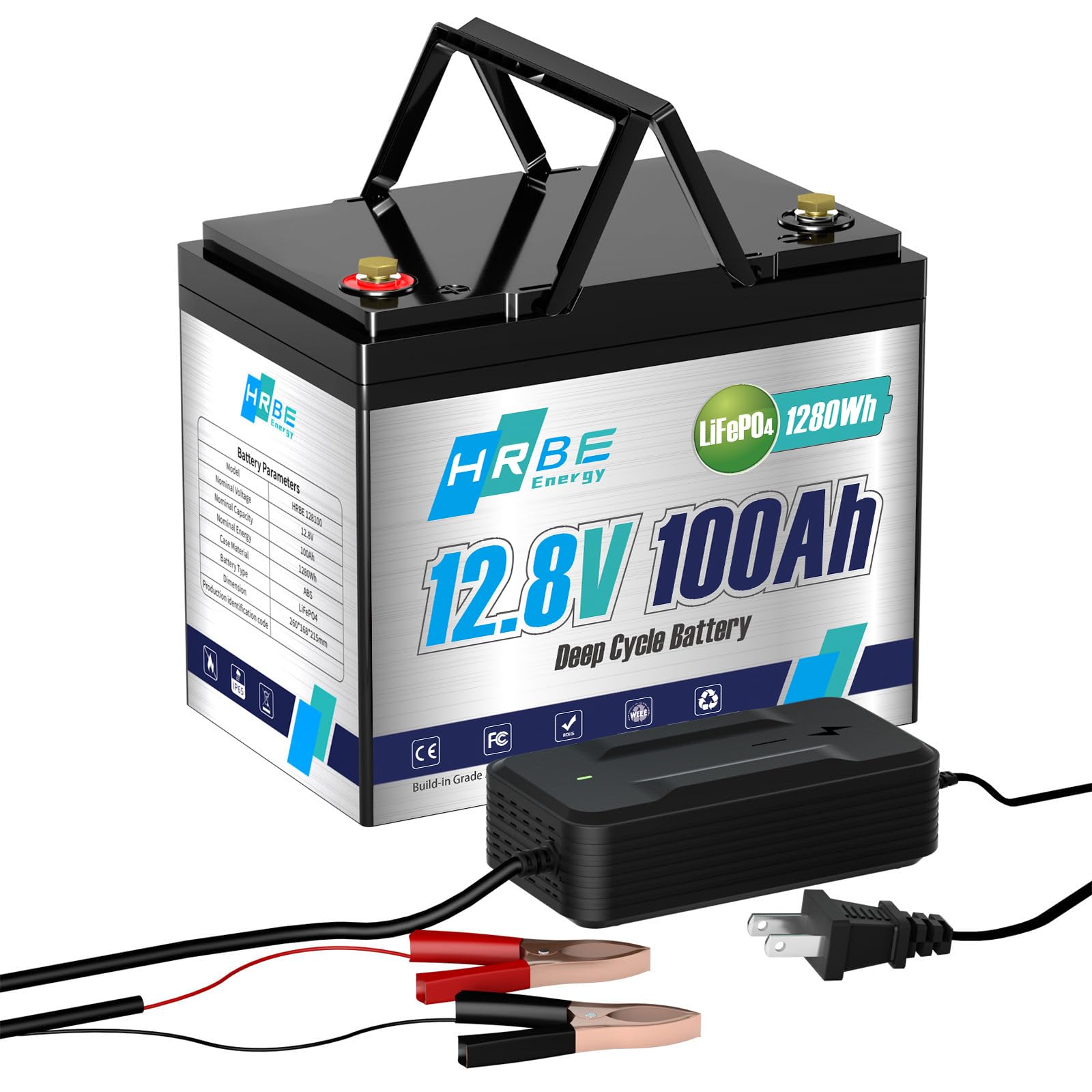 HRBEENERGY 12V 100AH LiFePO4 Batterie, 1280Wh Lithium Akku mit Ladegerät, Stabiler Eingebauter BMS-Schutz, 7000+ Deep Cycle Recharging, Perfekt für Wohnmobil/Solar/Marine/Off-Grid/Trolling Motor von HRBEENERGY