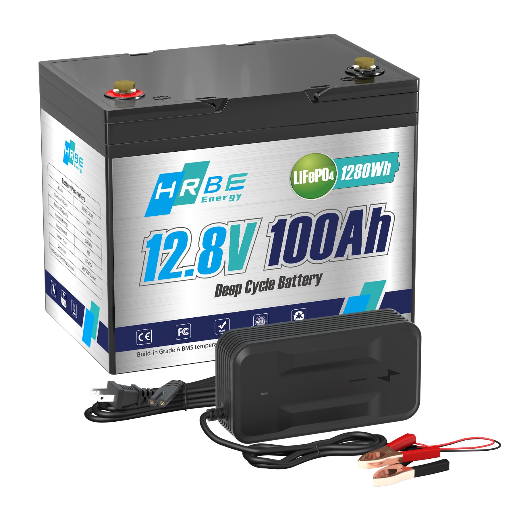 HRBEENERGY 12V 100AH LiFePO4 Batterie, Eingebautes 100A BMS und Grade A Zellen, 12V wiederaufladbare Lithium-Eisen-Phosphat-Batterie, 4000-15000 Tiefe Zyklen für Wohnmobil, Solar, Trolling Motor von HRBEENERGY