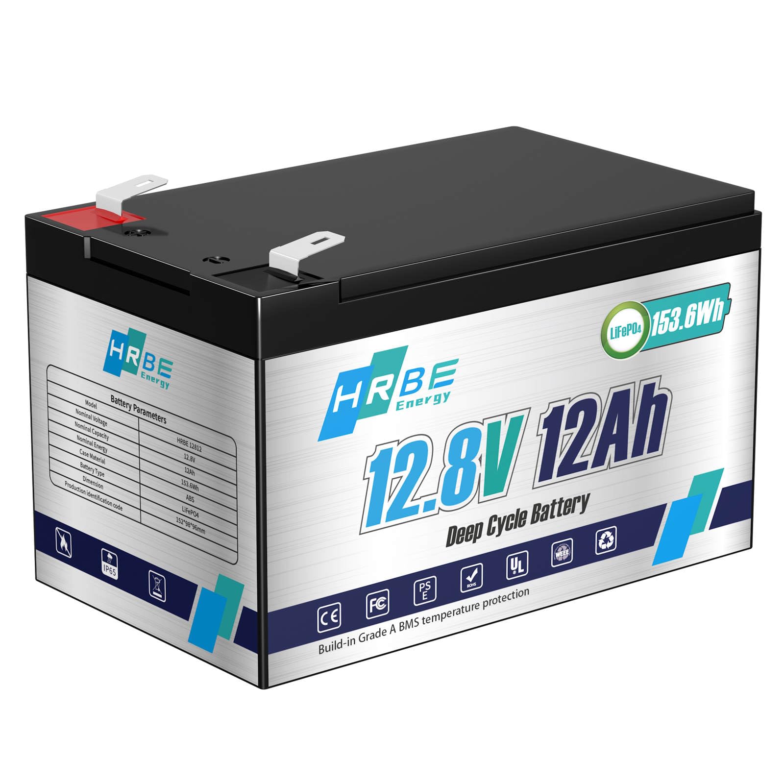 HRBEENERGY 12V 12AH LiFePO4 Batterie Wiederaufladbare Lithium Akku, Eingebauter Stabiler 12A BMS Schutz, 2000+ Tiefe Zyklen, Perfekt für Kleine Backup-USV, Spielzeug, Beleuchtung, Alarmanlage, Kamera von HRBEENERGY