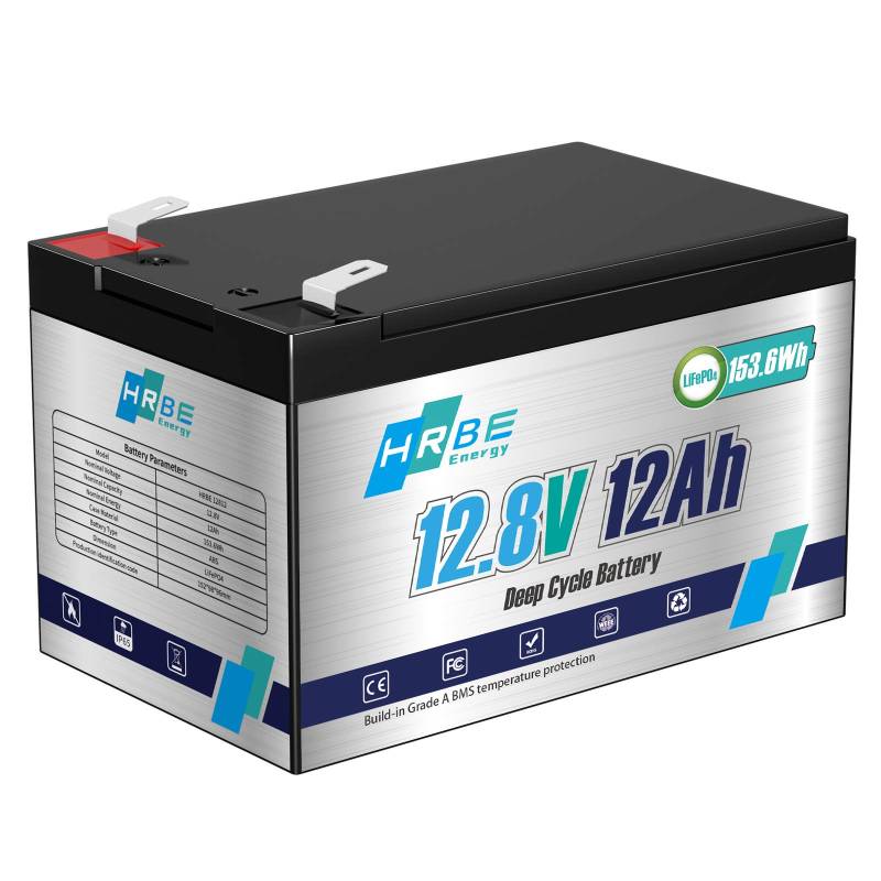 HRBEENERGY 12V 12AH LiFePO4 Batterie Wiederaufladbare Lithium Akku, Eingebauter Stabiler 12A BMS Schutz, 2000+ Tiefe Zyklen, Perfekt für Kleine Backup-USV, Spielzeug, Beleuchtung, Alarmanlage, Kamera von HRBEENERGY