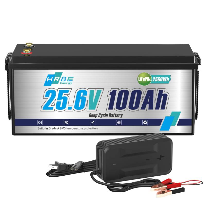 HRBEENERGY 24V 100AH LiFePO4 Batterie 1Pack, eingebaute 100A BMS und Klasse A Zellen, 24V wiederaufladbare Lithium Eisen Phosphat Batterie, 4000-15000 tiefe Zyklen für Wohnmobil, Solar, Trolling Motor von HRBEENERGY