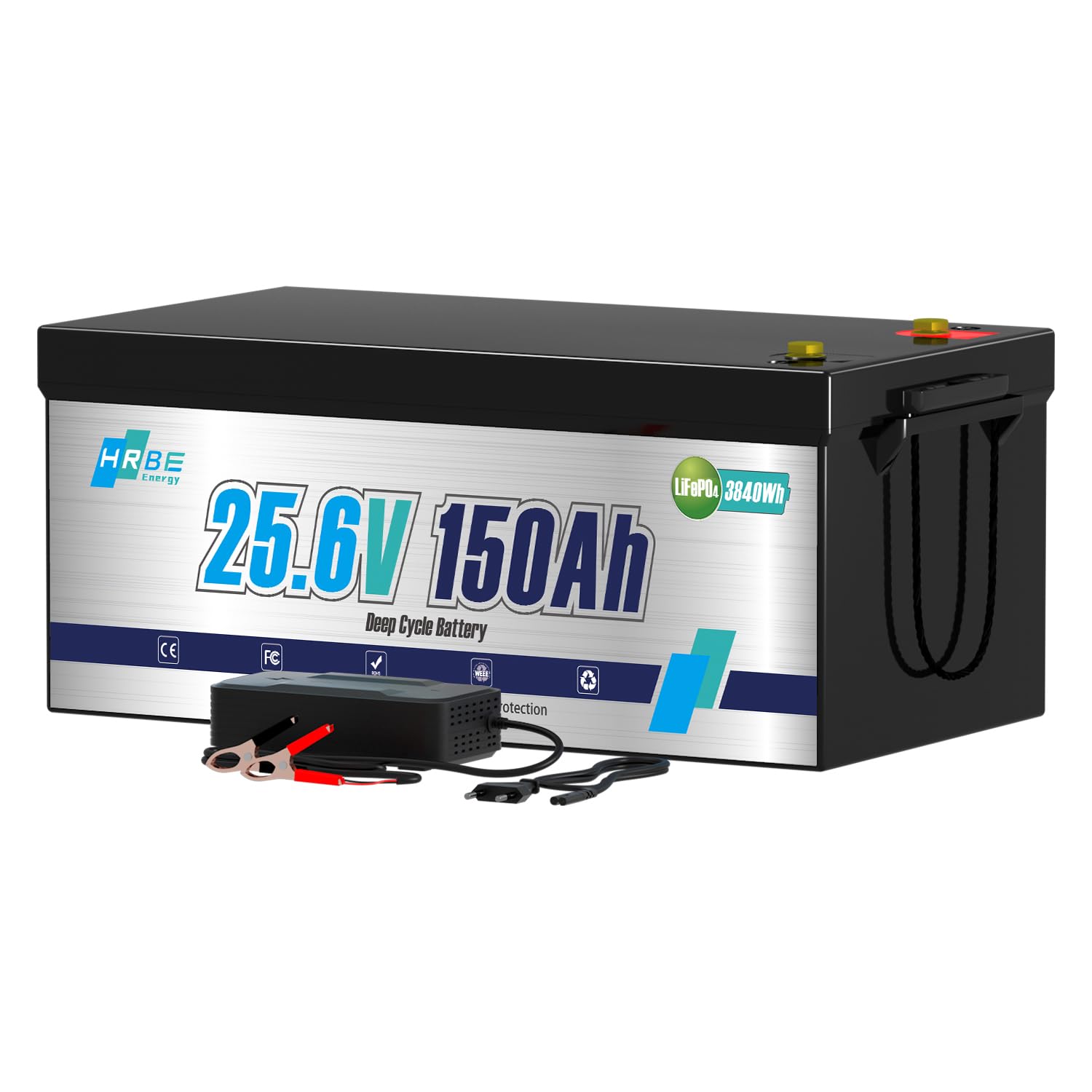 HRBEENERGY 24V 150AH LiFePO4 Batterie mit Ladegerät, 3840Wh Lithium Akku, Zuverlässig Eingebauter BMS-Schutz, 7000+ Deep Cycle Recharging, Ideal für RV/Solar/Marine/Off-grid/Trolling Motor von HRBEENERGY