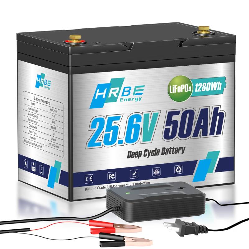 HRBEENERGY 24V 50AH LiFePO4 Batterie 1280Wh Last Lithium Akku mit Ladegerät, stabiles integriertes BMS Protect, 7000+ Deep Cycle Recharging, ideal für RV/Solar/Marine/Off-grid/Trolling Motor von HRBEENERGY