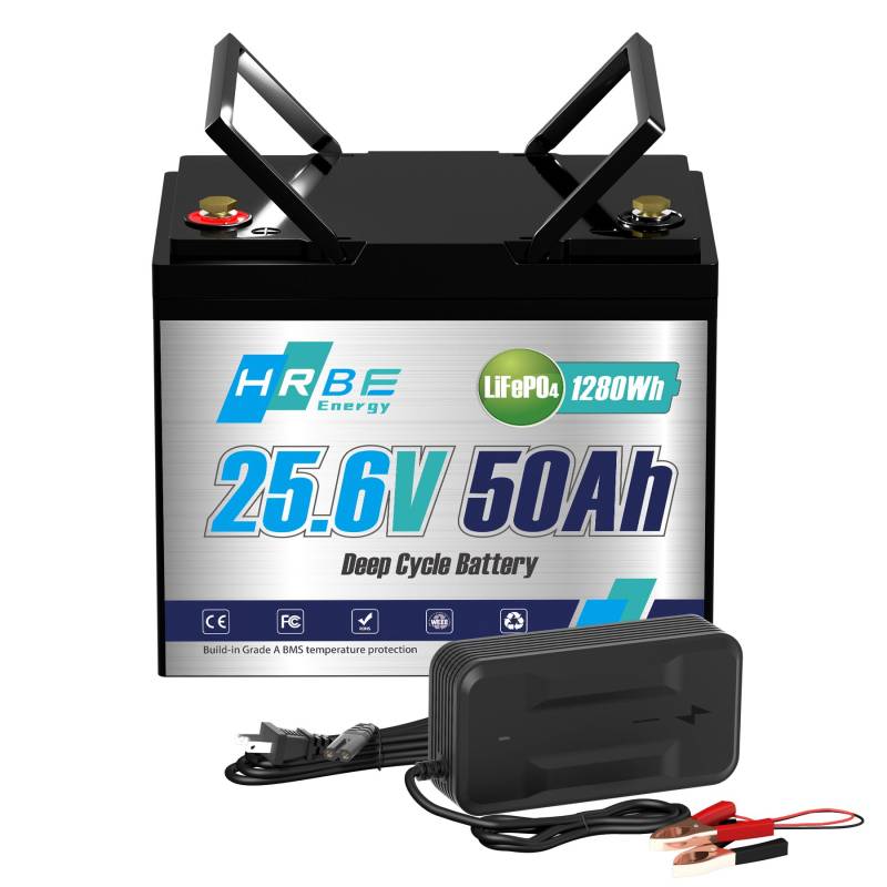 HRBEENERGY 24V 50AH LiFePO4 Batterie 1Pack, eingebaute BMS und Klasse A Zellen, 24V wiederaufladbare Lithium Eisen Phosphat Batterie, 4000-15000 tiefe Zyklen für Wohnmobil, Solar, Trolling Motor von HRBEENERGY