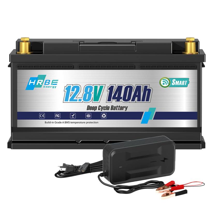 HRBEENERGY LiFepo4 Akku, 12 V, 140 Ah, wiederaufladbare tragbare Lithium-Batterie mit 100 A BMS-Schutz und 4000 bis 1.5000 Zyklen, ideal für Campingwagen, Sonnensysteme, Boote von HRBEENERGY